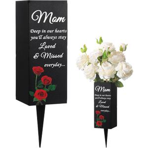 Geosar Mom Cemetery Vases for Grave Metal Cemetery Grave Flower Vase Memorial Flower Holder with Spike Mom Floral Graveyard Decorations for Burial Ground Lawn Yard Funeral Favors