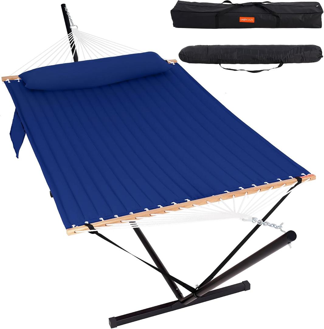 Lazy Daze Double Hammock with Stand, Balance Straps & Carry Bag for Outside, 2 Person Quilted Hammock with Hardwood Spreader Bar and Stand, Pillow, 450lbs Capacity, Tool-Free Assembly, Navy Blue