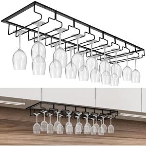 8 Row Wine Glass Rack Under Cabinet Holds up to 16-24 Glasses Under Cabinet Stemware Wine Glass Holder Extreme Large Hanger Hanging Wine Glass Holder for Cabinet Kitchen Bar Counter Black