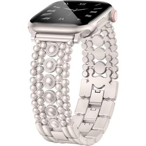 Minyee Compatible with Apple Watch Band 42/46/38/40/41/44/45/49mm Women, Dressy Pretty Stainless Steel Metal Strap Fancy Studded Designer Link Bracelet for iWatch Series 11 10 9 8 7 6 5 4 SE/Ultra 3 (Starlight)