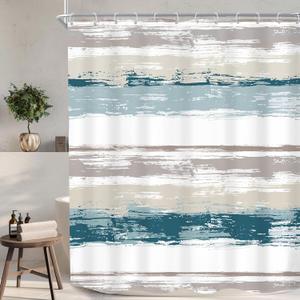 KOMLLEX Abstract Blue Shower Curtain for Bathroom Decor 60Wx72H Modern Brown Grey Striped Aesthetic Minimalist Geometric Simple Neutral Watercolor Painting Fabric Waterproof Polyester 12 Pack Hook (A5-brown Gray)