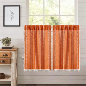 RoomTalks Fall Color Boho Farmhouse Kitchen Curtains 36 Inch Length French Striped Modern Vintage Chic Textured Orange Autumn Short Cafe Curtains for Small Window Kitchen Bathroom
