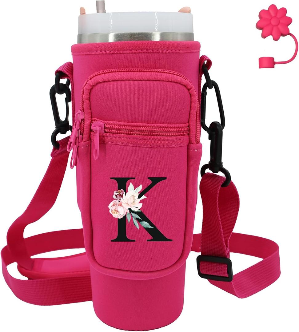 Water Bottle Carrier with Strap for Stanley 40 oz Tumbler,Personalized Initial ID Name Stanley Bag with Phone Pocket, Adjustable Strap, Stanley Cup Accessories (Hot Pink)