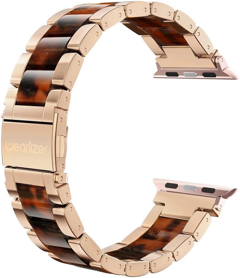 Wearlizer Tortoise Compatible with Apple Watch Band 38/40/41/42mm Womens, Replacement Stainless Steel Strap Fashion Resin Wristband Bracelet iWatch Series 11 10 9 8 7 6 5 4 3 SE/Ultra 3 2 1-Rose Gold