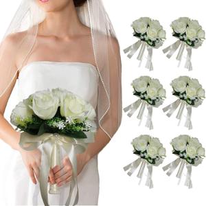 Wedding Bouquets for Bridesmaid Set of 6, Small White Artificial Flower Bouquet for Decoration, Church, Party