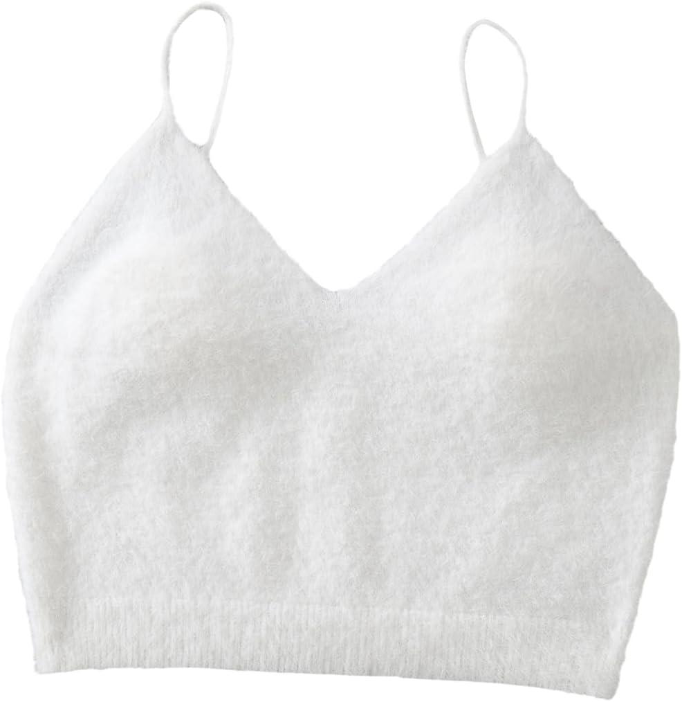 SHENHE Women's V Neck Spaghetti Strap Furry Cute Top Fluffy Knit Crop Cami Top Tank (Medium, White)