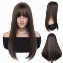 GNIMEGIL 26 Inch Long Brown Wigs for Women Silky Straight Highlights Natural Daily Wear Remy Hair Wig with Bangs Synthetic Fiber Glueless Roleplay Cosplay Costume (Brown Mixed Blonde)