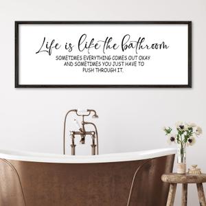 Life Is Like The Bathroom Sign Funny Motivational Quote Wall Decor 32"12" Large Wood Framed for Bathroom Restroom Wall Hanging Art (Black)