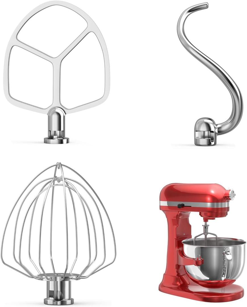 Stainless Steel Kitchen Mixers Accessories Compatible with KitchenAid Mixer and 6 Qt Bowl. KN256 6-Wire Whip, 6QT Flat Beater, 6QT Dough Hook Attachment Dishwasher safe, 6QT