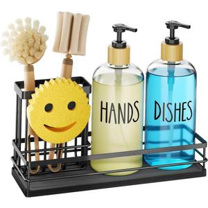 Moforoco Kitchen Dish Soap Dispenser Set, 16OZ Glass Bottle, Hand and Dish Soap Dispenser Set, Instant Dry Tray, Non-Slip Silicone Pad, Brush Holder with Sponge Holder, Kitchen DecorClear Bottle