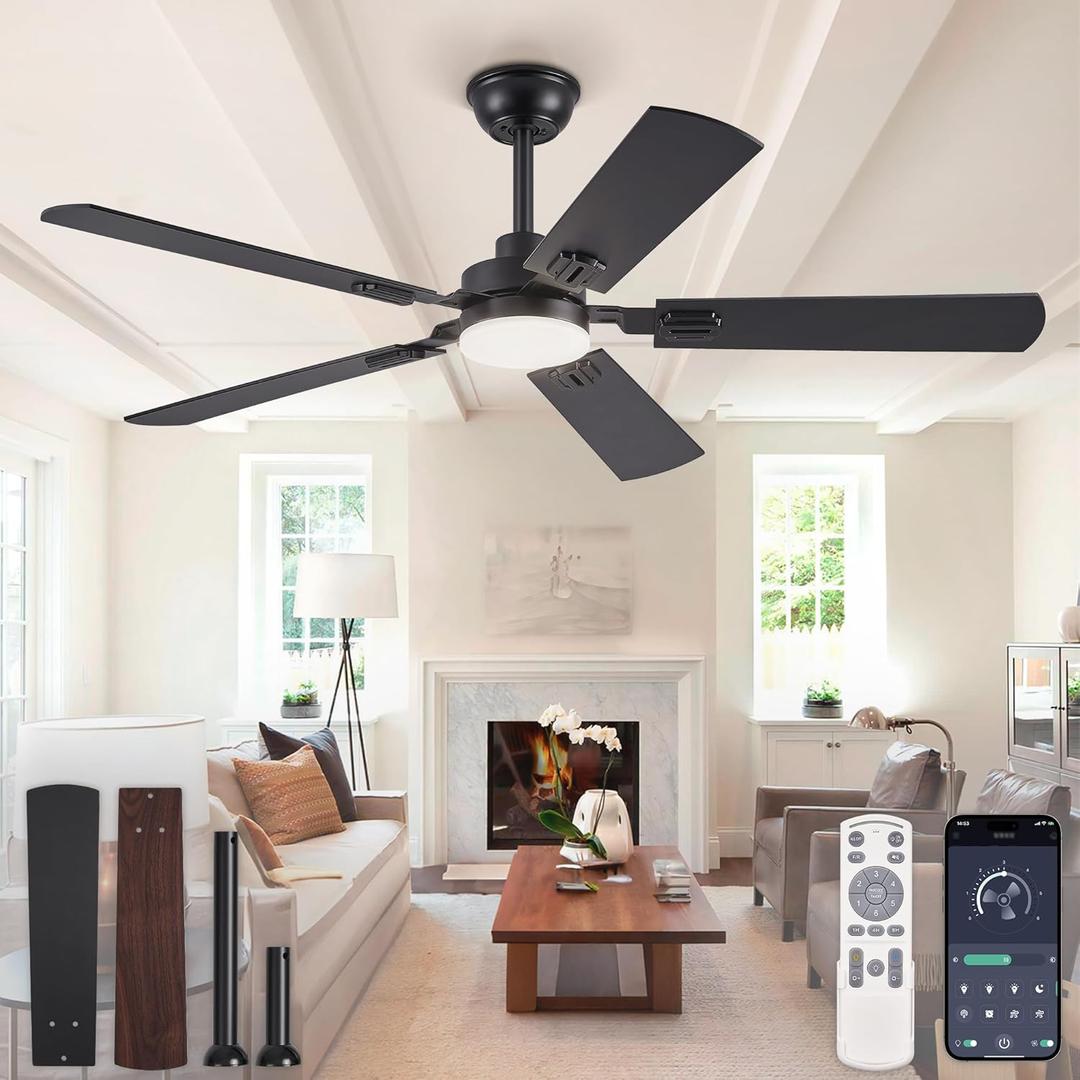 ZMISHIBO 52" Ceiling Fans with Lights, Black Modern Ceiling Fan with Remote, Farmhouse Indoor Ceiling Fan with Dual Finish Blades, Quiet & Strong Motor, Bright LED Light.
