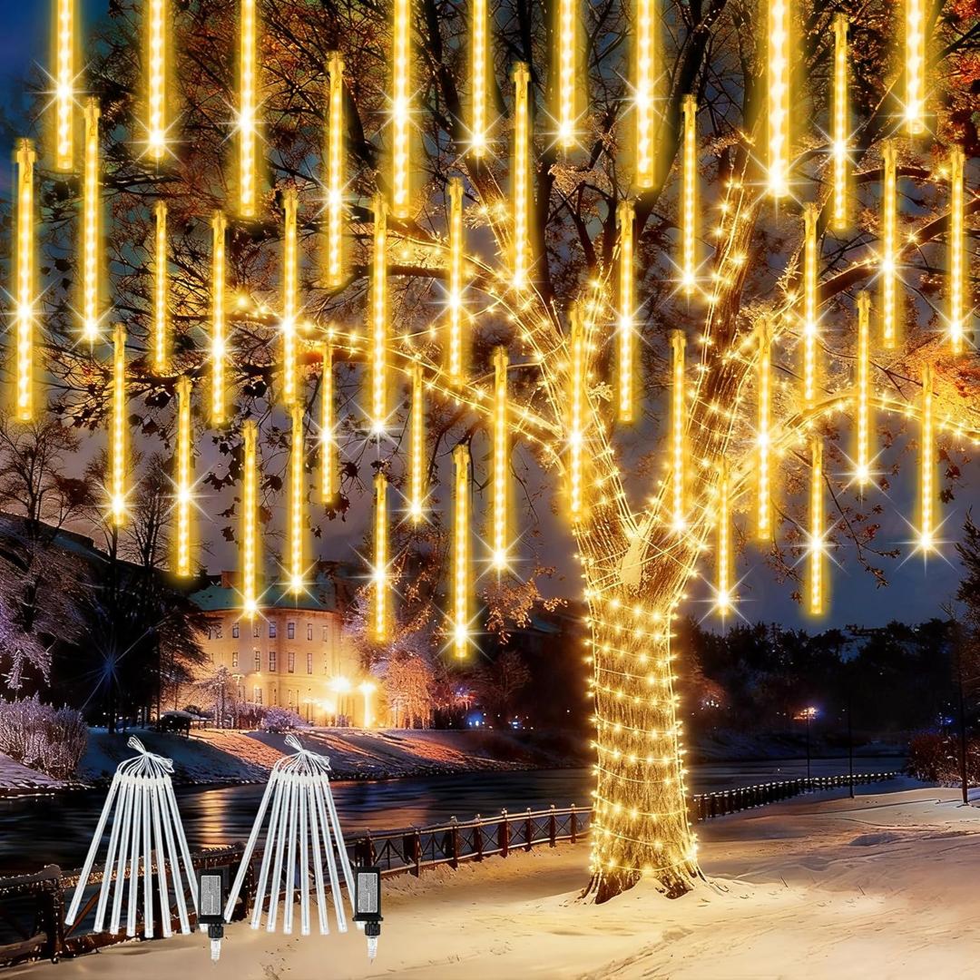 2-Pack Extendable Meteor Shower Christmas Lights Outdoor, 16 Tubes 384 LEDs Waterproof Falling Rain String Lights, Christmas String Lights Outdoor for Tree Patio Garden Holiday Decorations(Warm White)