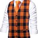 Hi-Tie Mens Plaid Solid V-Neck Suit Vest Slim Fit Waistcoat 3 Pockets Formal Casual Tuxedo for Wedding or Business (XX-Large, Black and Orange)