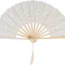 choyaxo Cotton Lace Folding Hand Fans Embroidered Flowers Pattern Handheld Fans for Costume Weddings Dancing Party DIY Bridal Hand Fan (Beige)