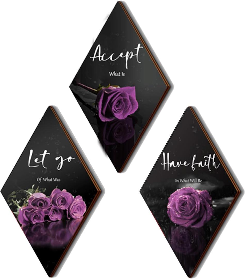 3 Pcs Purple Wall Decor Inspirational Rose Bathroom Decor Wooden Purple Wall Art Office Wall Decor with Accept Let Go Have Faith Sign for Girl Women Living Room Bedroom(12 x 7 Inch)