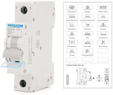 MOLLOM AC 1 Pole Miniature Circuit Breaker, 110V-240V 63Amps, C63 Scene Visualization Custom MCB Thermal Magnetic Trip, 6KA Breaking Capacity for Solar AC System, Home Use, RVs 2 PACK