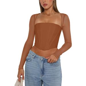 REORIA Women's Sexy Mesh Long Sleeve Boned Corset Top Trendy Y2K Square Neck Going Out Bustier Crop Tops (Brown, M)