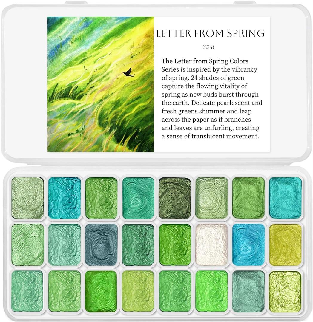 3 x CraftyManor Mini Glitter Watercolor Paint Set with Paper, 24 Colors Shimmer Metallic Watercolour Painting Sets, Solid Pearl Water Color Paints for Adult, Green 1ml Trial Pack(Letter from Spring)