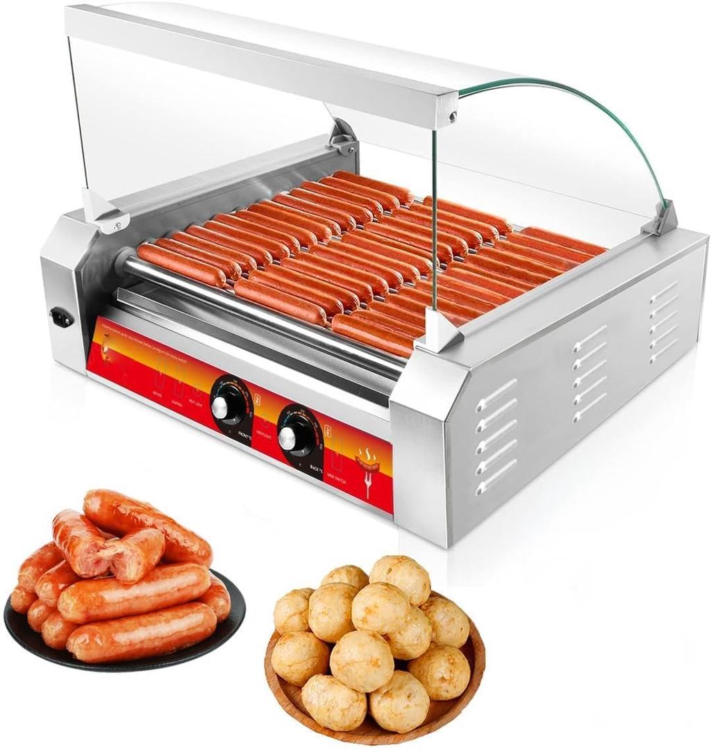 Vexon 1670W Hot Dog Roller Grill with 11 Non-Stick Stainless Steel Rollers, Holds 30 Hot Dogs, Includes Removable Glass Cover for Snack Bar Convenience Stores