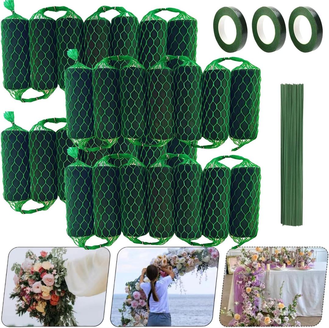 28PCS Floral Foam Garland - 18.4Ft Flower Sponge Blocks Kit,Absorption Flower Holder Arch Door for Wet Dry Fresh Flowers Arrangement for Wedding Garden Home DecorFloral Tape x3, Floral Wire x50