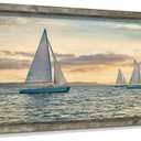 Ocean Framed Wooden Wall Art: Coastal Painting Art 40"x20" Sail Boats Artwork Decor Sunset Seascape Picture Prints for Office