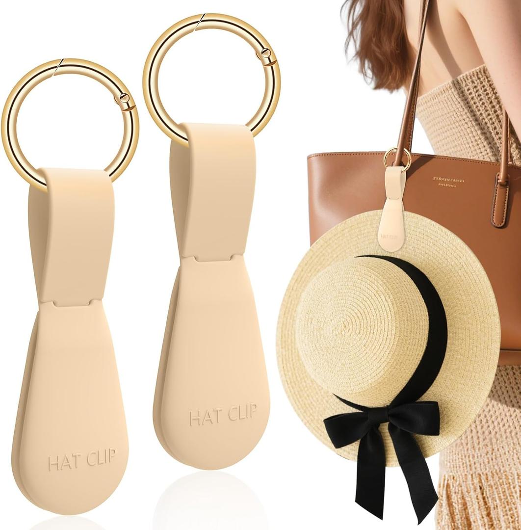 Magnetic Hat Clip for Travel - 2Pcs Light Khaki Silicone Hat Holder for Bags, Purses, Luggage & Beach Hats - Secure Hat Hook Clip for Totes, Vacation Essentials
