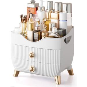 Makeup Organizer Countertop, Large Capacity Skincare Cosmetic Organizer for Vanity with 2 Drawers, Cosmetic Display Cases Makeup Storage Box for Bedroom, Bathroom, Ideal Gifts for Women(White)