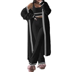 Fixmatti Women's Fuzzy 3 Piece Sweatsuit Open Front Cardigan Crop Tank Tops Wide Legs Pants Lounge Sets (Large, 1-black Stripe)