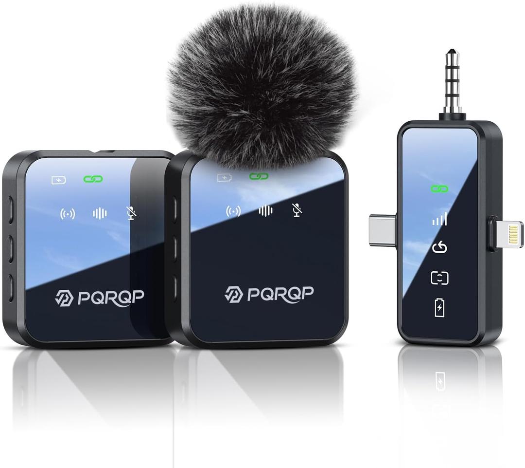 PQRQP 3 in 1 Microphone for iPhone/ Android/ Camera, Wireless Microphones, 328ft Transmission, 18H Battery Life, Mini Microphone for Record Interview, Vlogs, YouTube, Tiktok