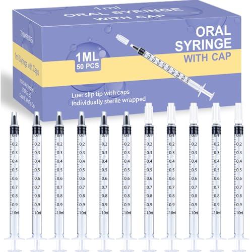50 Pcs 1ml Syringes with Caps Oral Dispenser Individually Sterile Warpped for Medicine Dropper, Colostrum Collect Feeding Pets, Liquid Exp. 2030/07/02