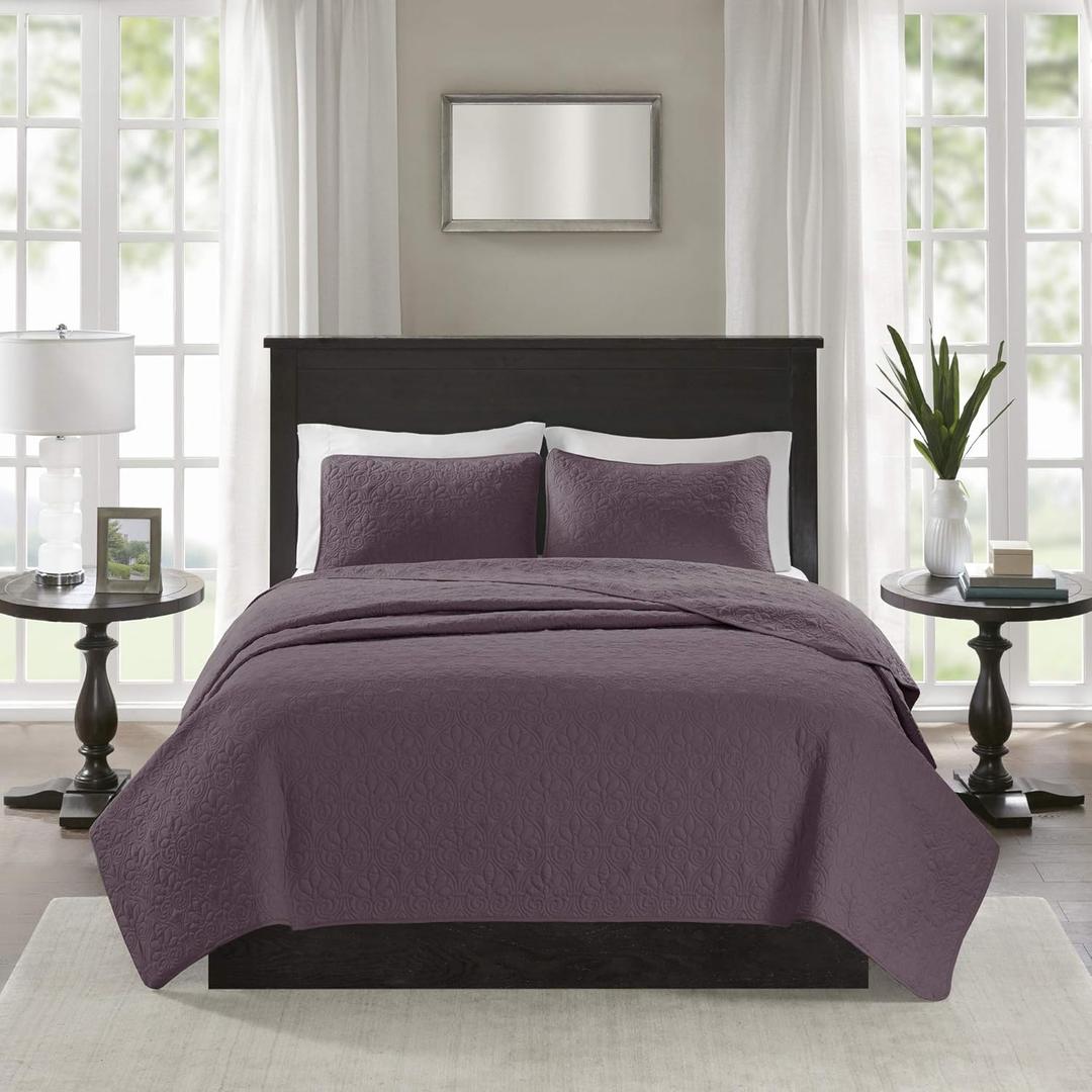 Madison Park Quebec Quilt Set - Luxurious Damask Stitching Design, Cotton Filled Lightweight Coverlet Bedspread Bedding, Shams, Full/Queen(90"x90"), Purple 3 Piece