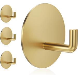 Adhesive Hooks Heavy Duty Waterproof in Shower Hooks for Hanging Loofah, Towels, Clothes, Robes for Bathroom Removable Adhesive Wall Hooks Door Hook Stainless Steel Stick on Hooks 4 Pcs (Gold)