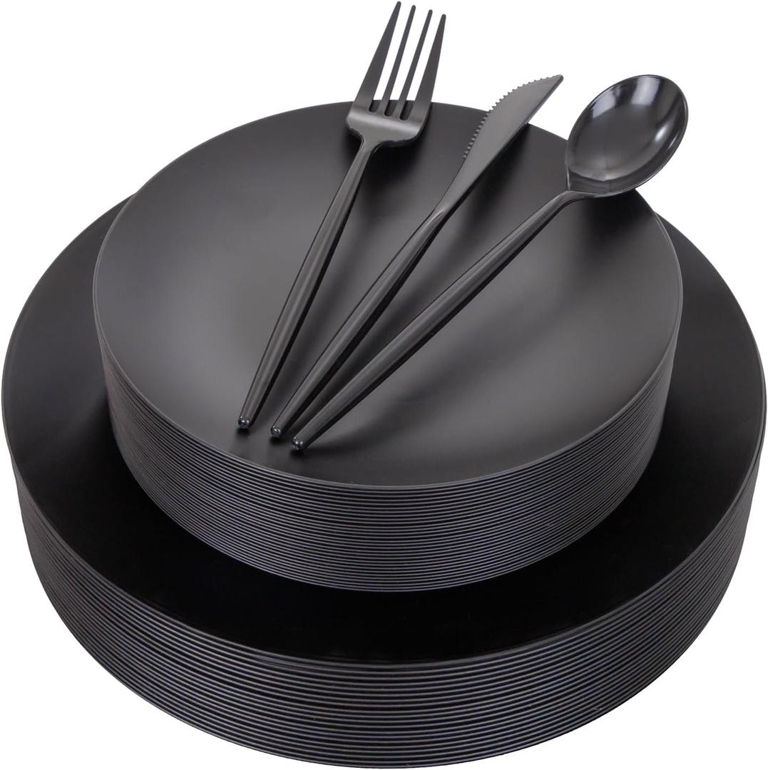 EI 150pcs Black Plastic Plates Frosted Plastic Plate,Premium Heavy Duty Black Plastic Plates,Black Disposable Plates with Plastic Silverware, 10.25" Dinner Plates and 7.5" Dessert Plate Wedding Party