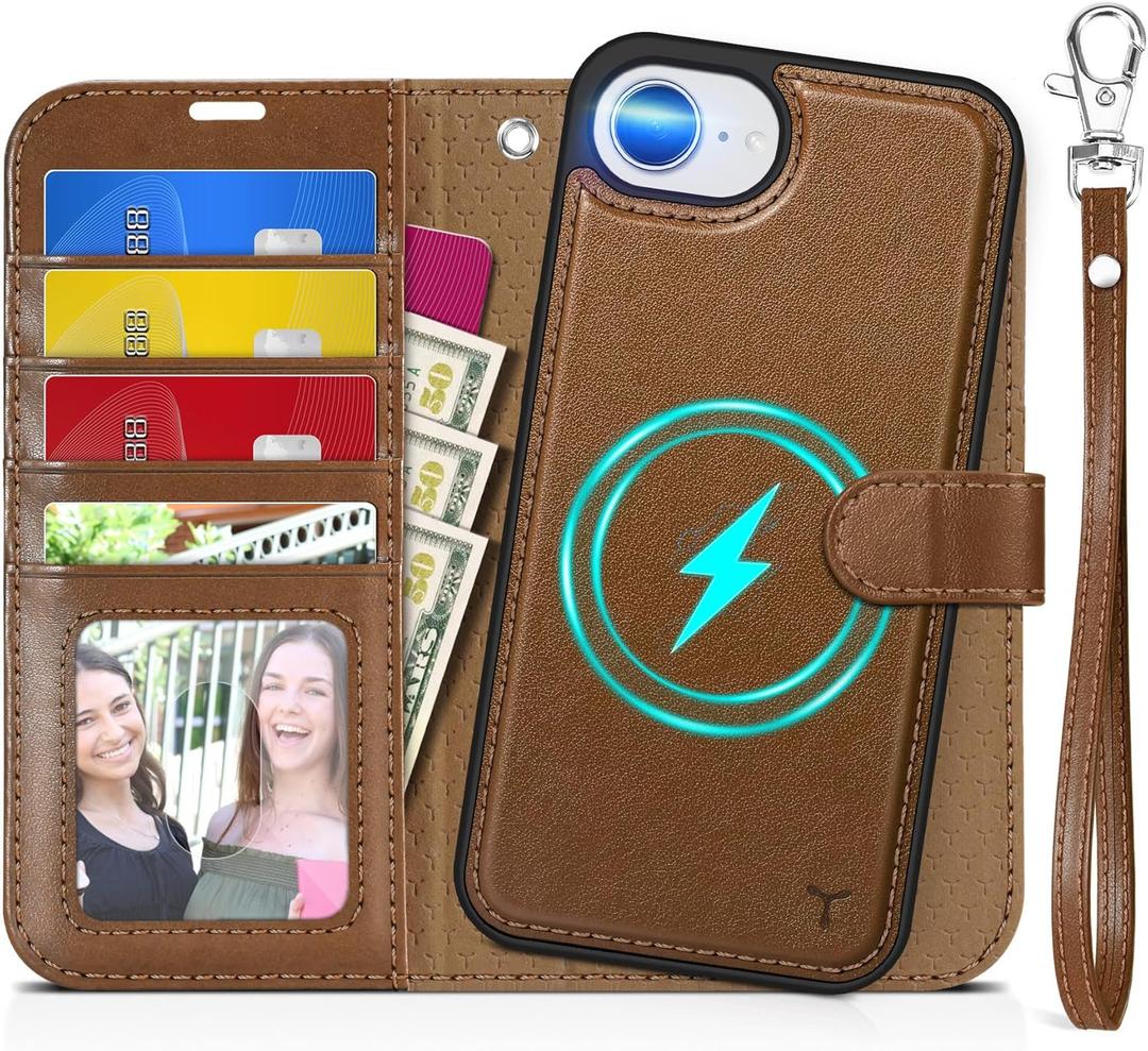 TUCCH Wallet Case for iPhone 16e, [Removable] 2 in 1 [Wrist Strap] [Wireless Charging] RFID Blocking 4 Card Slot PU Leather Cover, Magnetic Detachable Stand Folio for iPhone 16e (6.1"), Brown