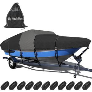 1600D + 1200D Boat Cover with 2" Wide Loops for Trailering and Mooring - Ultra Durable Waterproof Fits 17-19ft Tri-Hull, V-Hull, Runabout, Fish & Ski Boat, Bass Boat, with Storage Bag (Black)