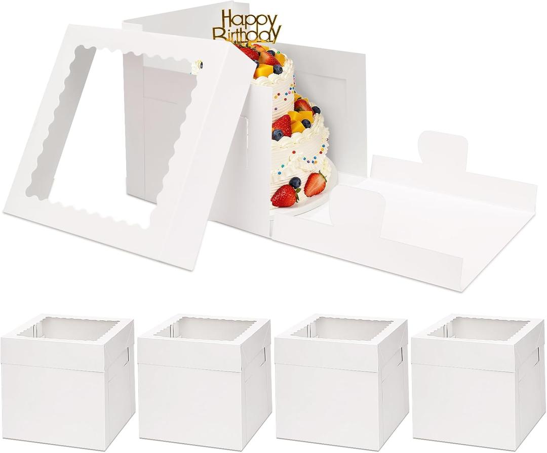 Moretoes 5 Pack Cake Boxes 8 Inch, Bakery Containers with Large Window, 8 Inch White Cake Carrier, Disposable Boxes for Halloween Birthday, Party, Cupcake Cookie Pie Pastry (8x8x8 Inches)