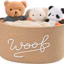 Woof Dog Toy Basket, Large Dog Toy Storage Bin with Durable Handles, Woven Dog Basket for Blankets, Toys, Chews, Pet Toy Storage Box for Nursery, Living Room, Bedroom, 17x12x9, Beige