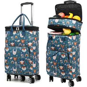 2 in 1 Shopping Cart with Wheels, Portable Utility Dolly, Luggage Cart, Foldable Hand Truck with Built-in Removable Waterproof Bag for Shopping, Camping, Travel (Animal World)