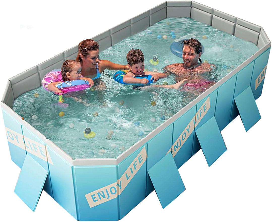 Collapsible Rectangle Non-Inflatable Swimming Pool for Family Adults Hard Plastic Shell Foldable Swimming Pool for Outside Backyard Portable Pet Dog(Gradient Blue, 260cm)