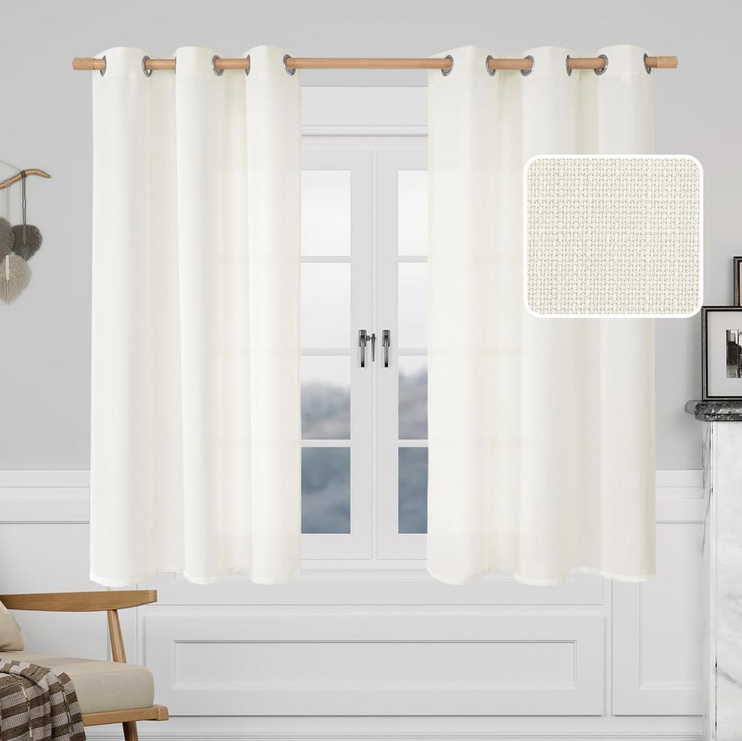 LAMIT 48 Inch Length Linen Curtains for Small Windows, Cream White Semi Sheer Grommet Drapes Light Filtering Privacy Short Window Panels for Kitchen/Bathroom/Bedroom, 2 Panels, 42 x 48 Inch