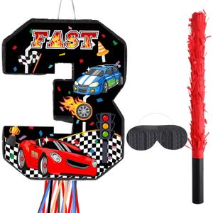 Race Car Piata Pull String Cars Piatas for Birthday Party Decorations Number 2 3 4 5 6 with Blindfold Stick Small Red Black Racing Theme 2nd 3rd 4th 5th 6th Party Supplies(Number 3)