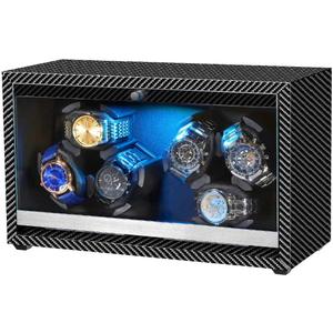 Watch Winder 6 with LED and Super Quiet Motor 4 Rotating Modes, Wooden Watch Storage Case Watch Shaker with USB Cable Gift (Black Carbon Fiber)