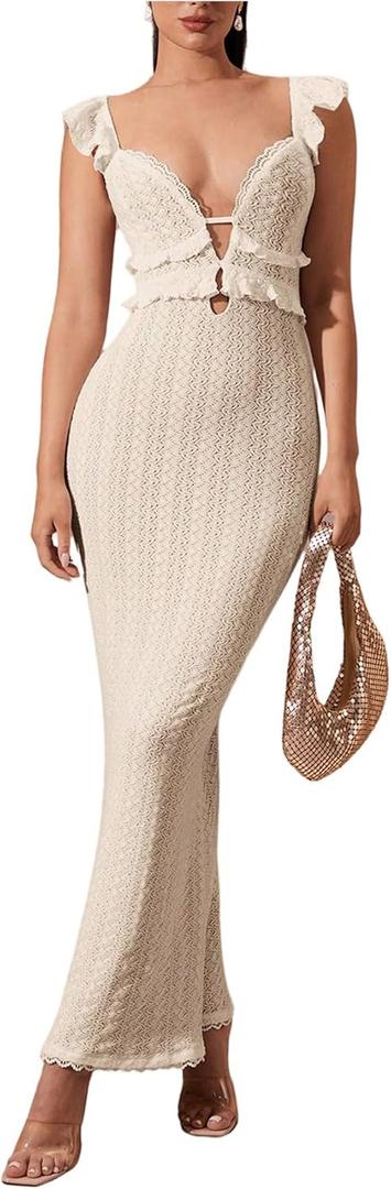SOLY HUX Women's Maxi Dress Crochet Ruffle Sleeveless Backless Bodycon Long Dresses, X-Small SOLY HUX Women's Maxi Dress Crochet Ruffle Sleeveless Backless Bodycon Long Dresses, X-Small