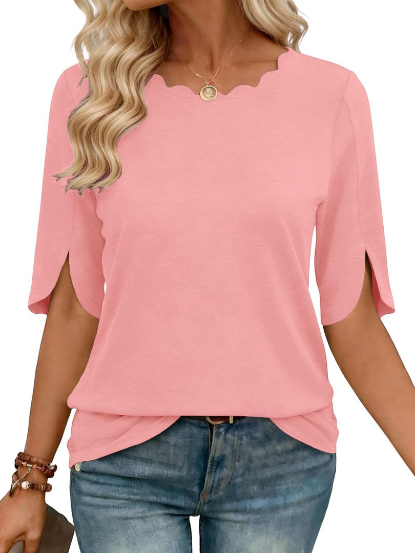 JomeDesign Round Neck Tops for Women Trendy Fashion 2026 Short Sleeve Tunic Shirts Coral Pink S (Pink, S)