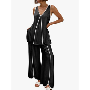 Cicy Bell Womens Summer Lounge Sets V Neck Sleeveless Tunic Tops Pajamas Sets Comfy Loungwear Wide Leg Pants 2 Piece Outfits
M