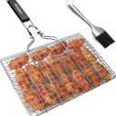 Fish Grilling Basket, Folding Portable Stainless Steel BBQ Grill Basket for Fish Vegetables Shrimp with Removable Handle, Come with Basting Brush and Storage Bag 