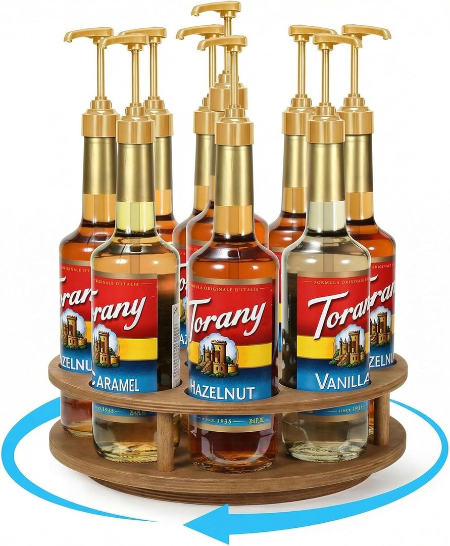 THYGIFTREE Rotating Coffee Syrup Organizer for Countertop, 9-Bottle Wooden Syrup Rack & Bottle Holder for Coffee Bar Station, Turntable Display Stand, Brown