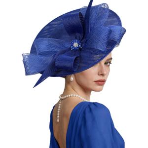 Kgromfy Women's Wide Brim Fascinator Hat Tea Party Headband Large Vintage Church Hat Lady Headwear for Derby Wedding Cocktail, Royal Blue