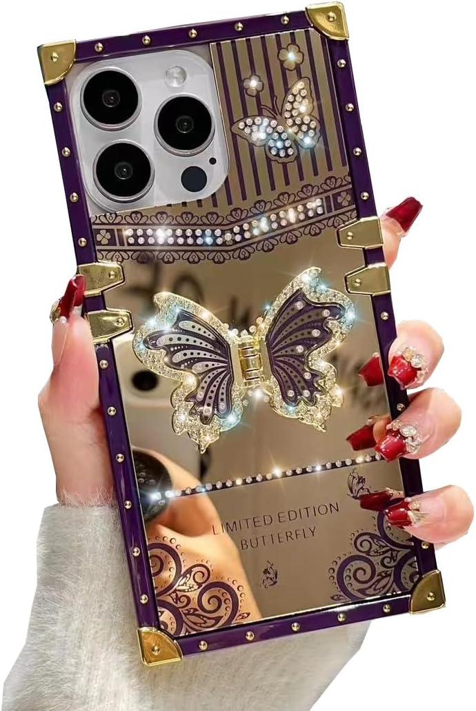 Cute Compatible with iPhone 13 Pro Max Case with Luxury Bling Glitter Butterfly Foldable Stand Kickstand,Glitter Soft PC Mirror Slip-Resistant Bumper Protective Cover for Women & Girls(Purple)