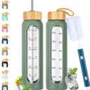 32 oz Glass Water Bottle with Straw - Motivational Time Marker & Silicone Sleeve - Reusable Tumbler Includes 2 Bamboo Lids & Fruit Infuser - 1 Pack